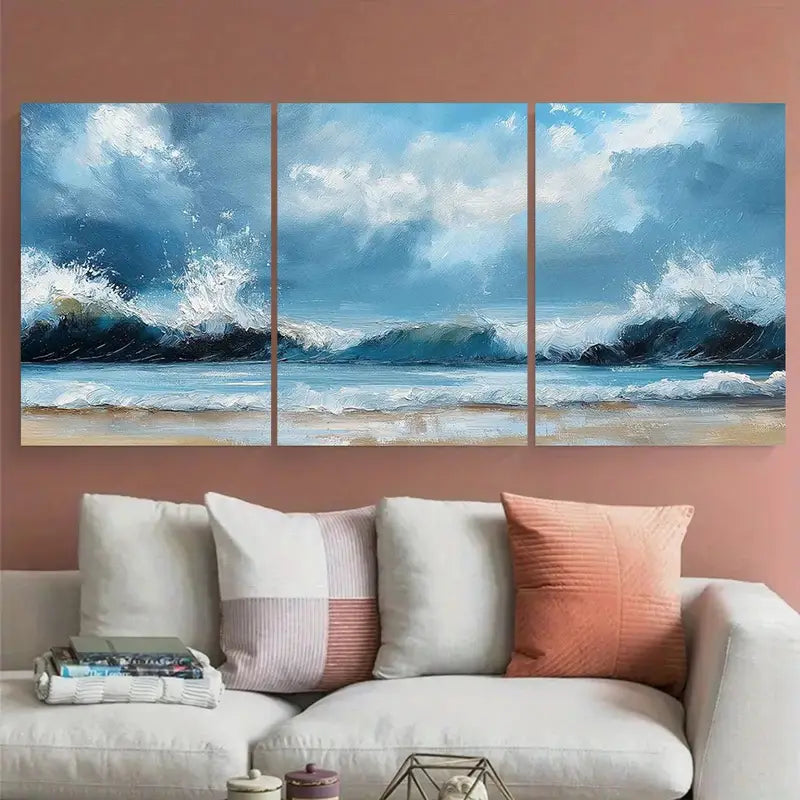 3pcs Stormy Skies & Sandy Beach Ocean Metal Print Ready to Hang Art