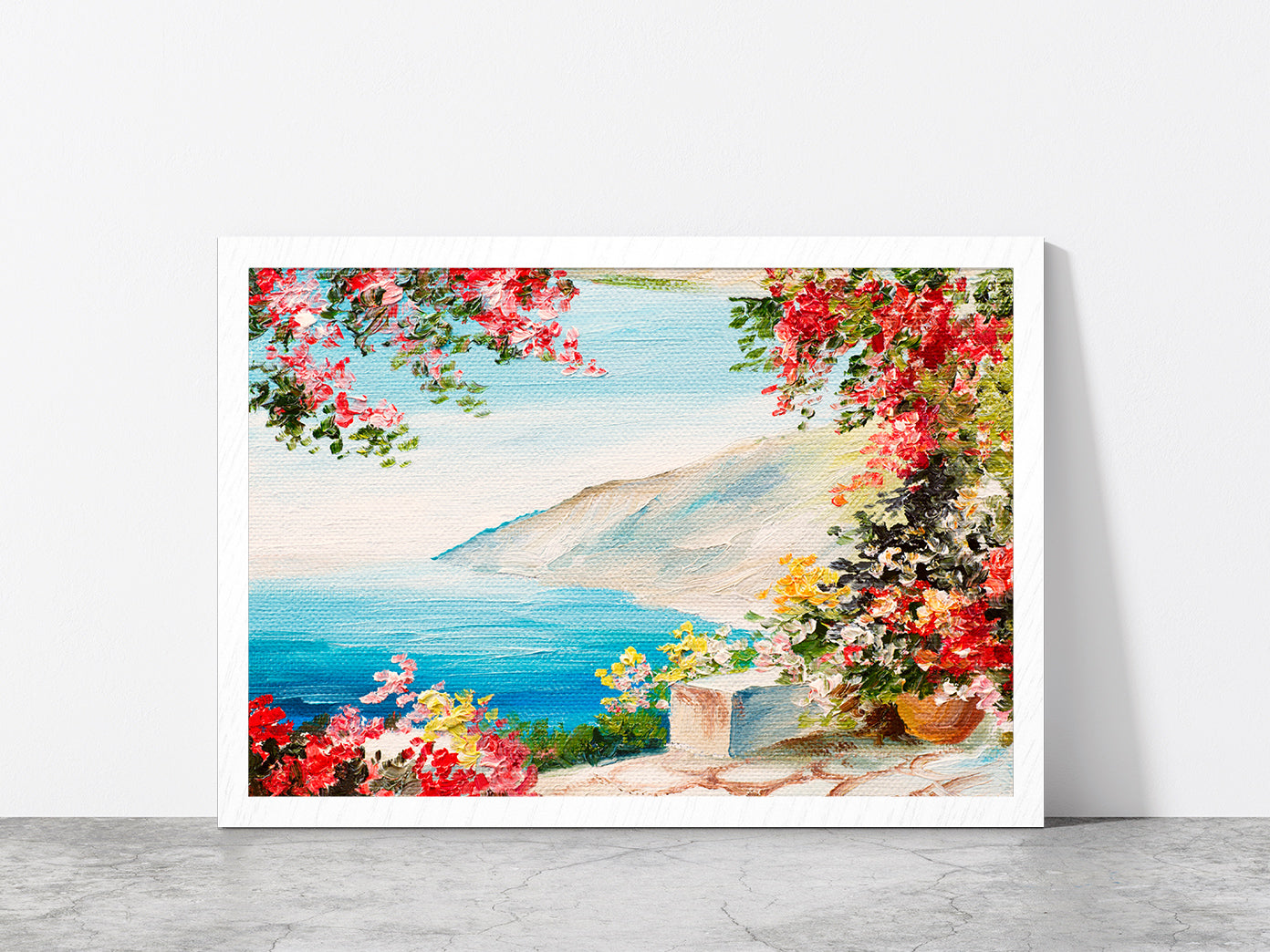 House With Colorful Flowers Near The Sea Glass Framed Wall Art, Ready to Hang Quality Print Without White Border White