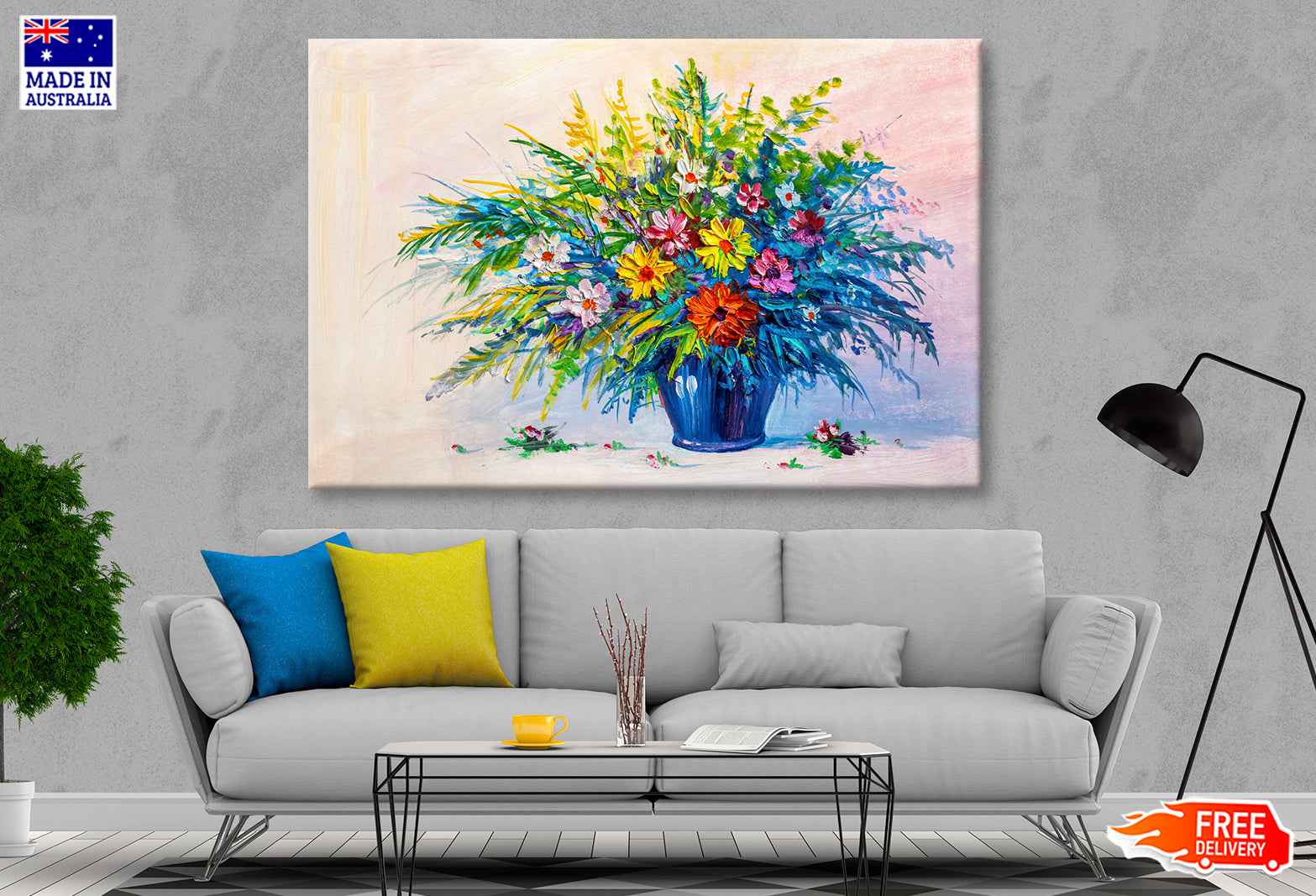 Colorful Flowers with Leaves in Vase Oil Painting Wall Art Limited Edition High Quality Print