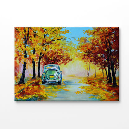 Bella Home Car in The Autumn Forest Road Painting Print Canvas Ready to hang