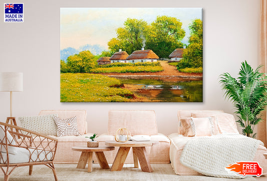 Old Village near River & Green Trees Oil Painting Wall Art Limited Edition High Quality Print