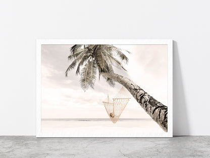 Hammock on Palm Tree near Beach Faded Photograph Glass Framed Wall Art, Ready to Hang Quality Print Without White Border White