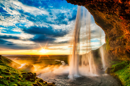 Seljalandfoss Waterfall At Sunset in Hdr, Iceland Home Decor Premium Quality Poster Print Choose Your Sizes