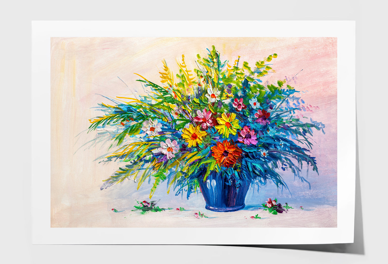 Colorful Flowers with Leaves in Vase Oil Painting Wall Art Limited Edition High Quality Print Unframed Roll Canvas None