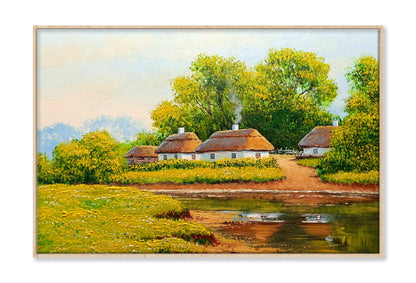 Old Village near River & Green Trees Oil Painting Wall Art Limited Edition High Quality Print Canvas Box Framed Natural