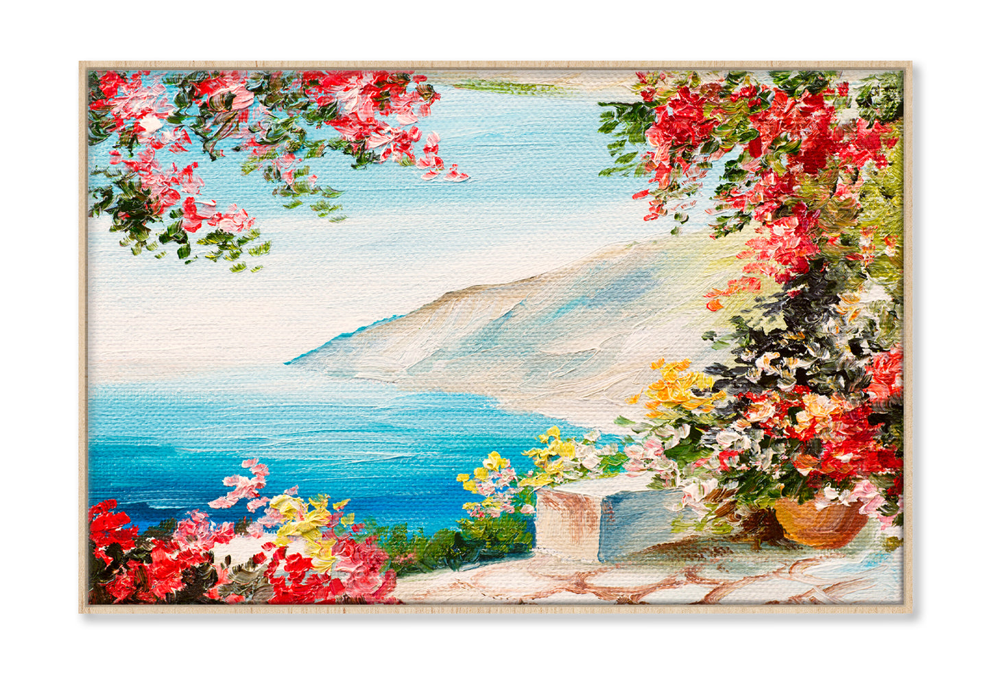 House With Colorful Flowers Near The Sea Oil Painting Wall Art Limited Edition High Quality Print Canvas Box Framed Natural