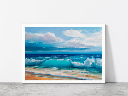 Sea Waves With Beach Painting Glass Framed Wall Art, Ready to Hang Quality Print Without White Border White