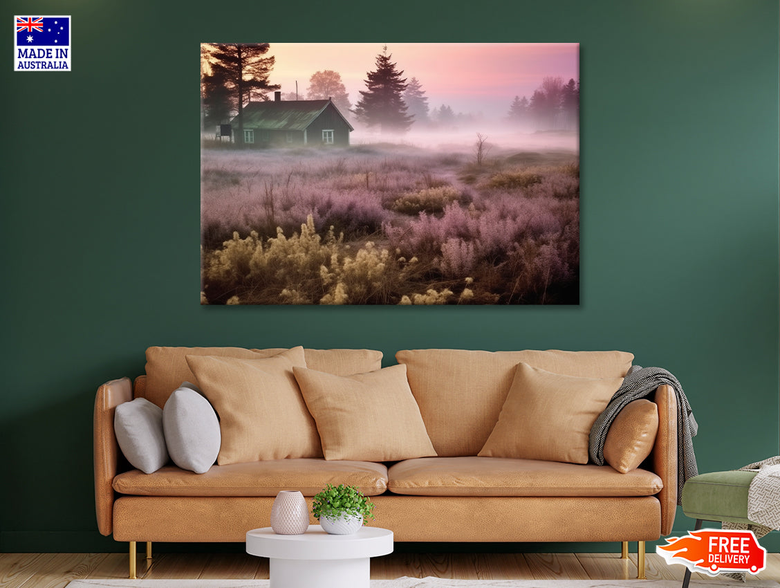 A House in a Field during Sunrise with Trees, Grass Print 100% Australian Made