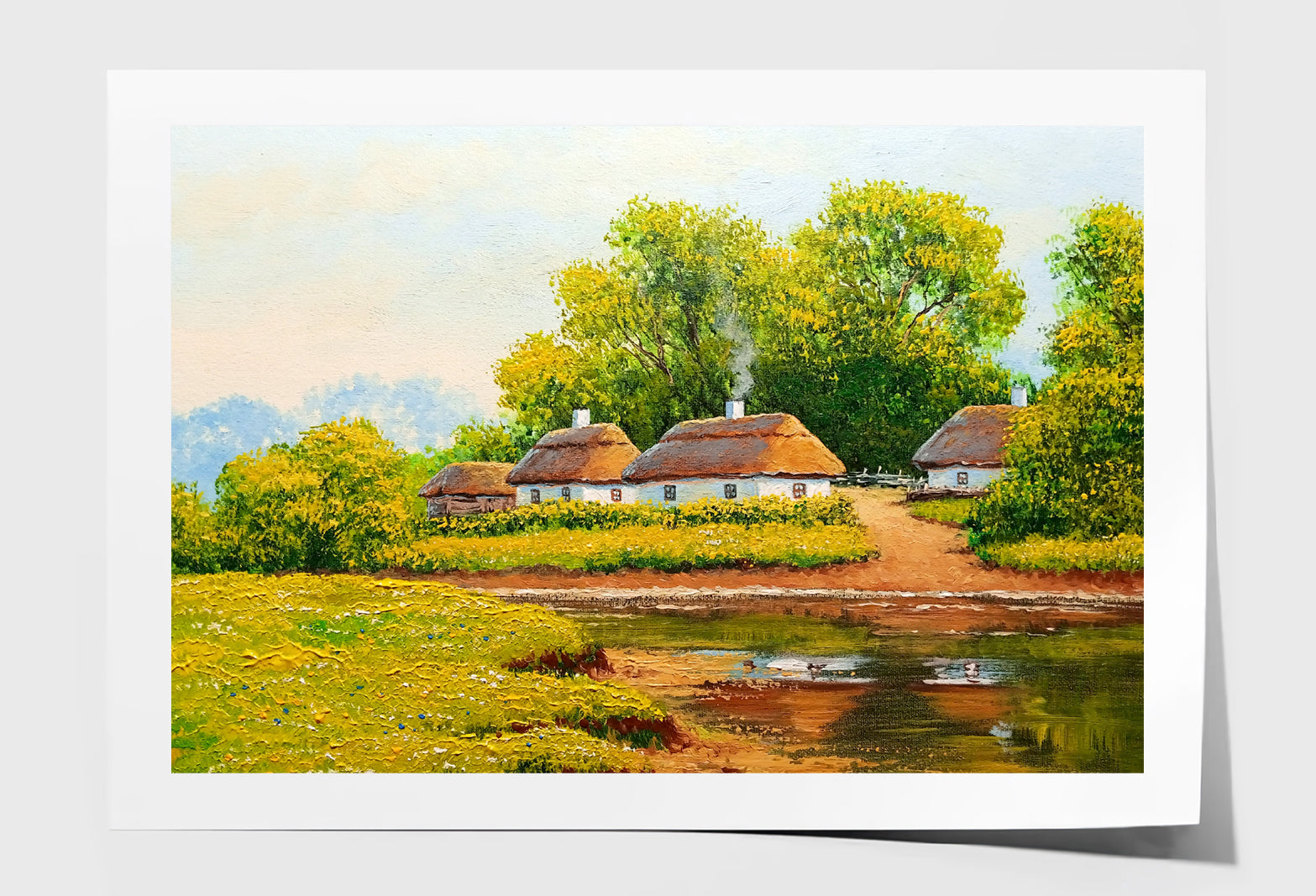 Old Village near River & Green Trees Oil Painting Wall Art Limited Edition High Quality Print Unframed Roll Canvas None