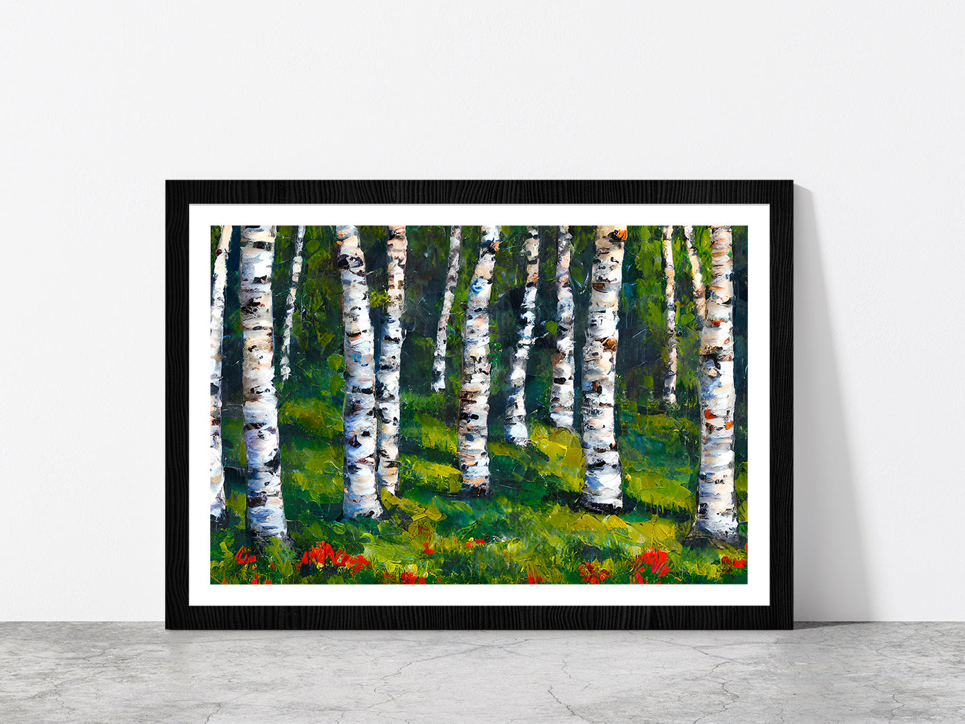 Birch Forest In Spring Glass Framed Wall Art, Ready to Hang Quality Print With White Border Black