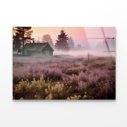 A House in a Field during Sunrise with Trees, Grass Acrylic Glass Print Tempered Glass Wall Art 100% Made in Australia Ready to Hang