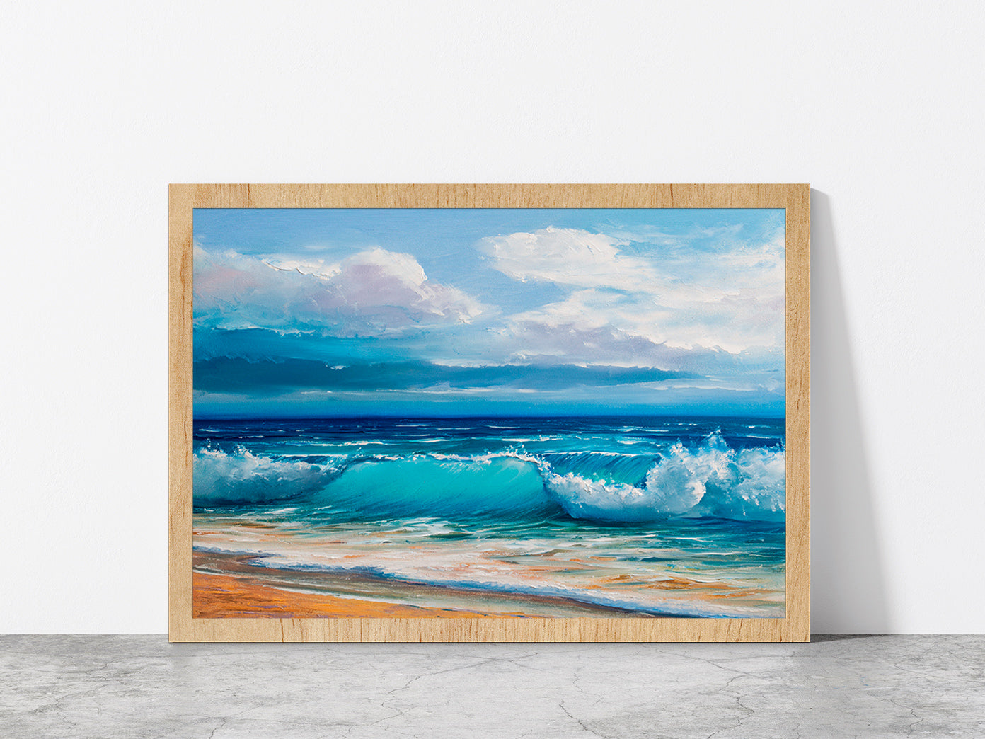 Sea Waves With Beach Painting Glass Framed Wall Art, Ready to Hang Quality Print Without White Border Oak