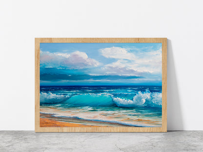 Sea Waves With Beach Painting Glass Framed Wall Art, Ready to Hang Quality Print Without White Border Oak