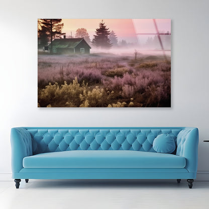 A House in a Field during Sunrise with Trees, Grass Acrylic Glass Print Tempered Glass Wall Art 100% Made in Australia Ready to Hang