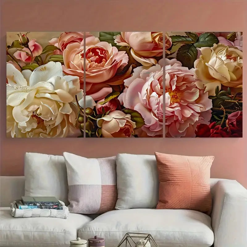 3pcs Elegant Peonies Garden Vintage Metal Print Ready to Hang Art
