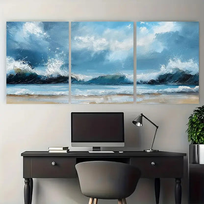 3pcs Stormy Skies & Sandy Beach Ocean Metal Print Ready to Hang Art