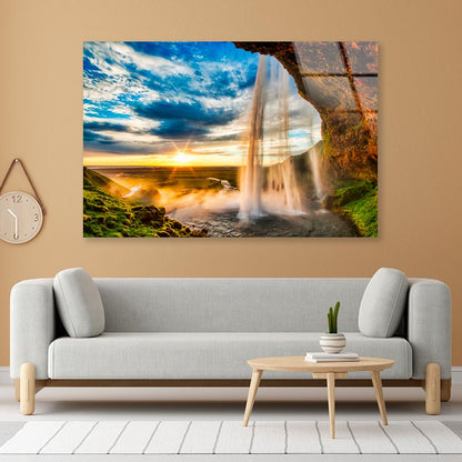 Seljalandfoss Waterfall At Sunset in Hdr, Iceland Acrylic Glass Print Tempered Glass Wall Art 100% Made in Australia Ready to Hang