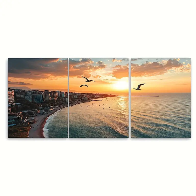3pcs Sunset Beach Seagulls Coastal Scene Wall Art Set Canvas Framed 40