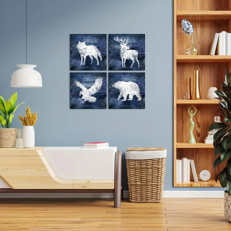 4pcs Wolf, Deer, Elk, Bear - Blue Forest  Wall Art Canvas Framed