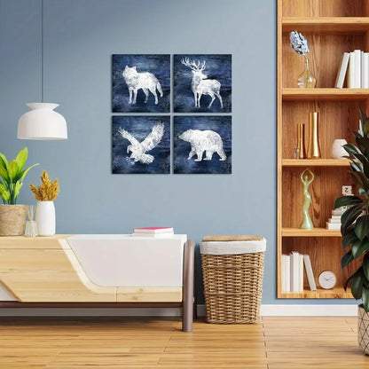 4pcs Wolf, Deer, Elk, Bear - Blue Forest  Wall Art Canvas Framed