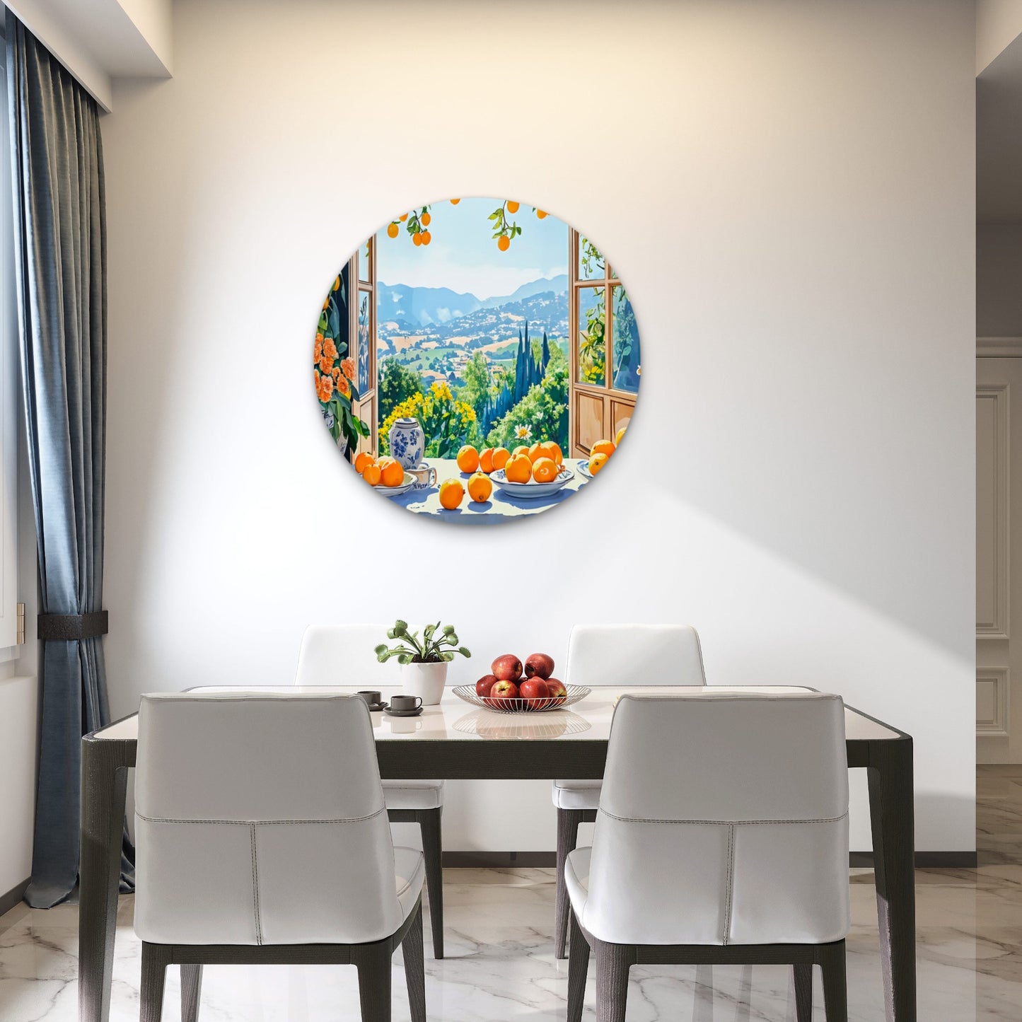 Mountains Through Orange Table Window Acrylic Glass Rounded Print Tempered Glass Wall Art 100% Made in Australia Ready to Hang