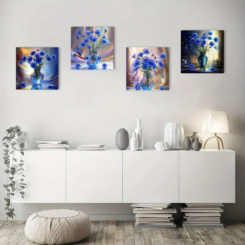 4pcs Blue Daisy Vase Poster Wall Art Canvas Framed