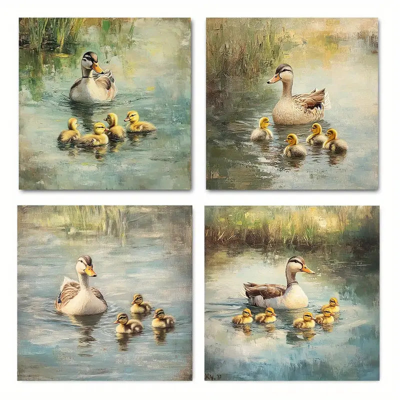 4pcs Duck Animal Painting Wall Art Canvas Framed