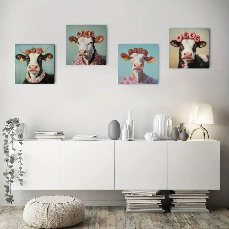 4pcs Whimsical Cow with Floral Scarves & Play Wall Art Canvas Framed