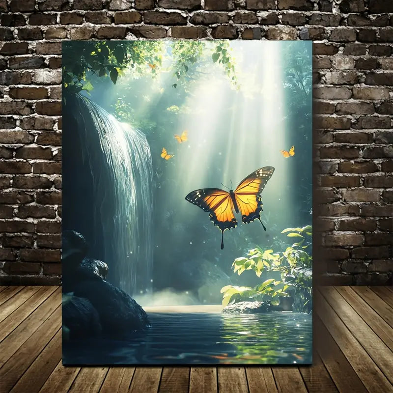 Surreal Butterfly & Waterfall Painting with Morning Mist 40x60cm Metal Print Ready to Hang