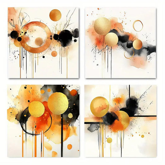4pcs Black Golden Orange White Circular Design Wall Art Canvas Framed