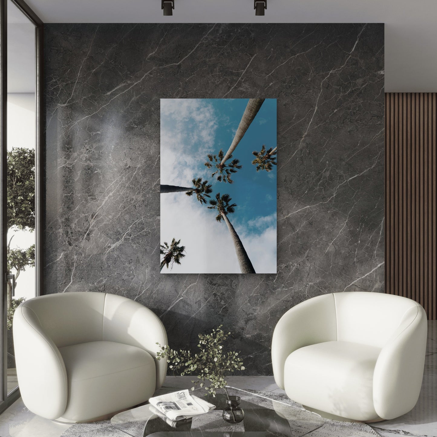 Palm Trees Against A Blue Sky With White Clouds 60x90cm Metal Print Ready to Hang