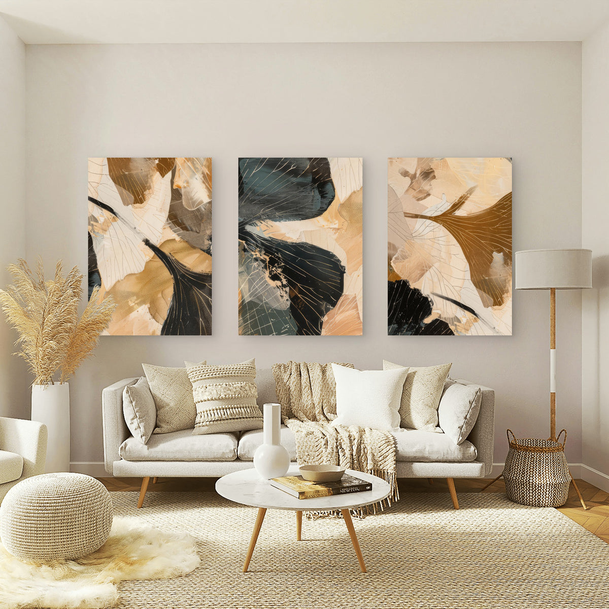 3pcs Beige Black Gold Ginkgo Leaf Modern Metal Print Ready to Hang Art
