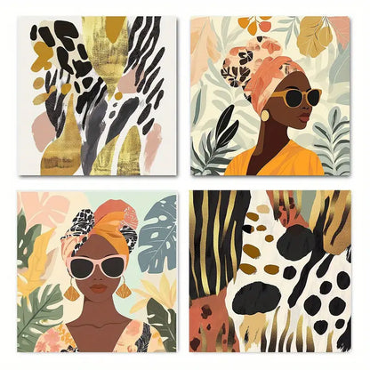 4pcs Set Vibrant African Tribal     Wall Art Canvas Framed