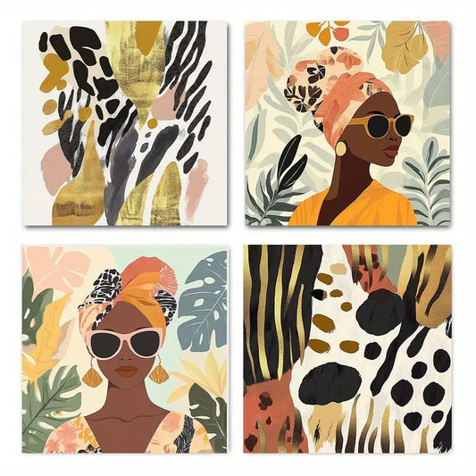 4pcs Set Vibrant African Tribal     Wall Art Canvas Framed
