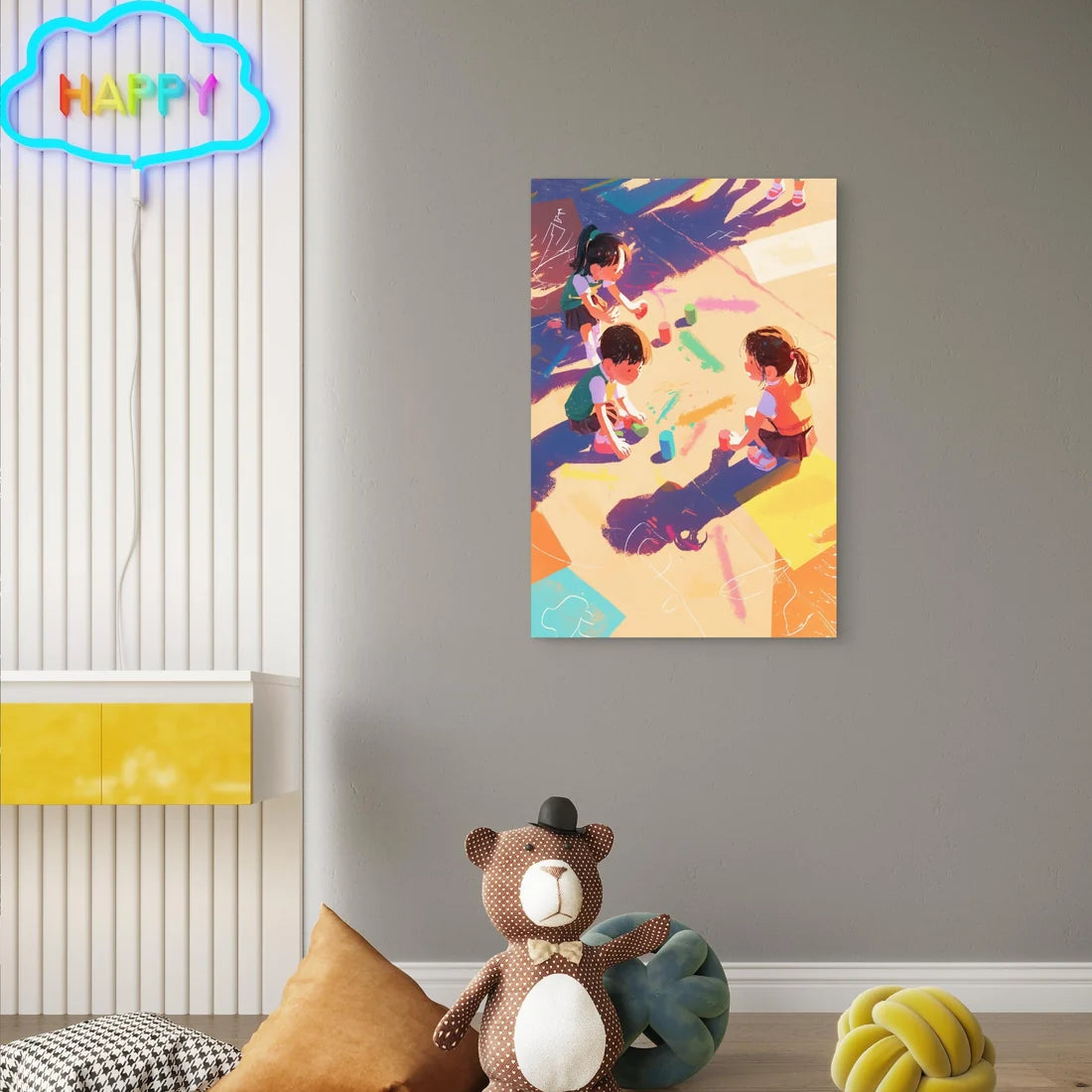 Children Playing With Chalk Outdoors 40x60cm Metal Print Ready to Hang