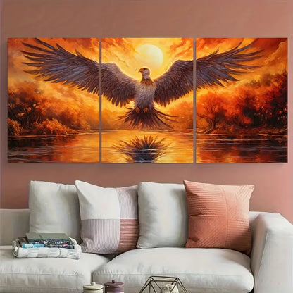 3pcs Phoenix Bird Over A Lake Sunset Metal Print Ready to Hang Art