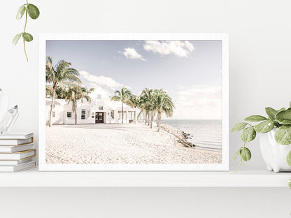 House Palm Trees near Sand Sea Photograph Glass Framed Wall Art, Ready to Hang Quality Print Without White Border White