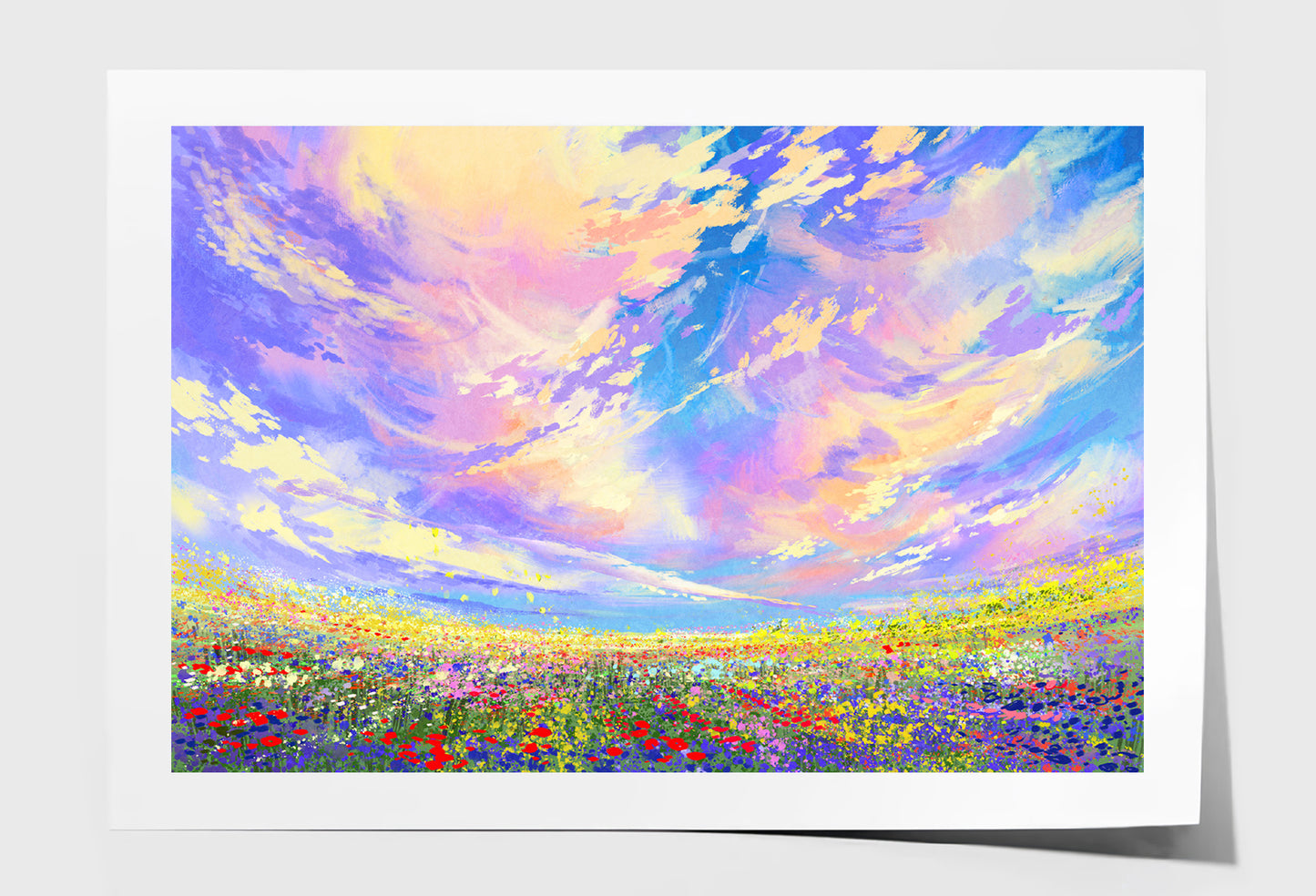 Colorful Flowers in Field under Cloudy Sky Painting Wall Art Limited Edition High Quality Print Unframed Roll Canvas None