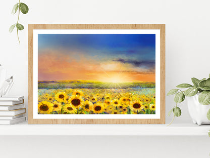 Rural Sunset Landscape With Golden Sunflower Glass Framed Wall Art, Ready to Hang Quality Print With White Border Oak