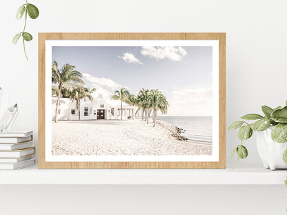 House Palm Trees near Sand Sea Photograph Glass Framed Wall Art, Ready to Hang Quality Print With White Border Oak