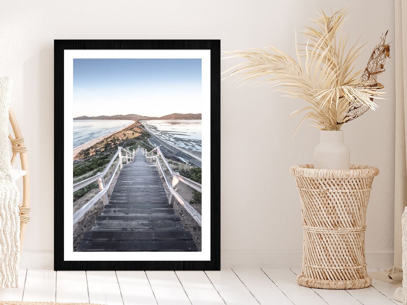 Wooden Path & Beach View Photograph Glass Framed Wall Art, Ready to Hang Quality Print With White Border Black