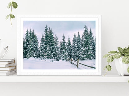 Snowy Pine Forest In The Mountain Glass Framed Wall Art, Ready to Hang Quality Print With White Border White