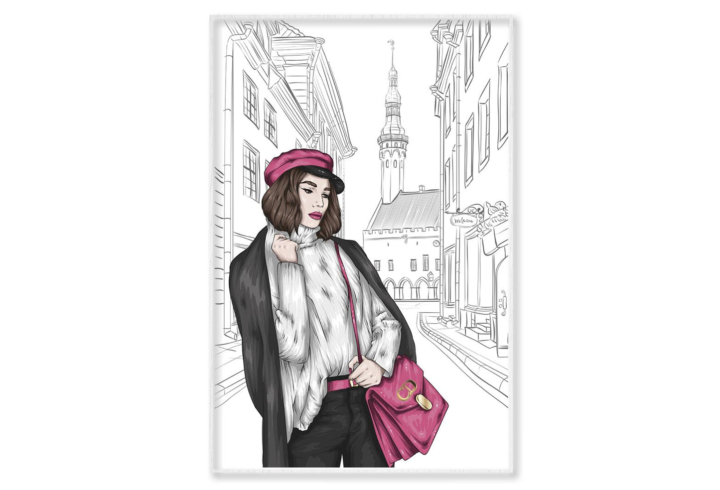 Modern Girl with Elegant Hand Bag Wall Art Limited Edition High Quality Print Canvas Box Framed White