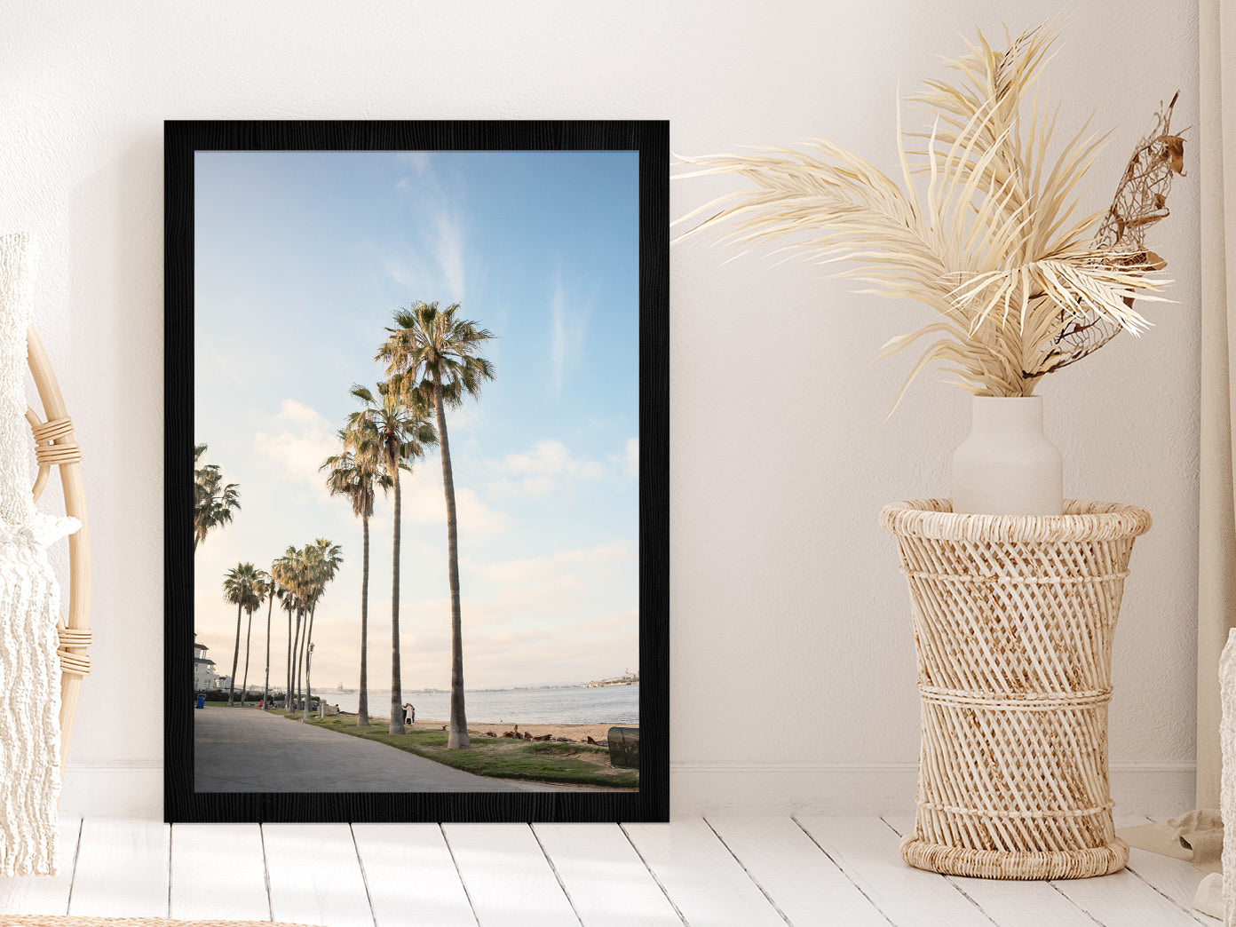 Palm Trees near Beach with Blue Sky Photograph Glass Framed Wall Art, Ready to Hang Quality Print Without White Border Black