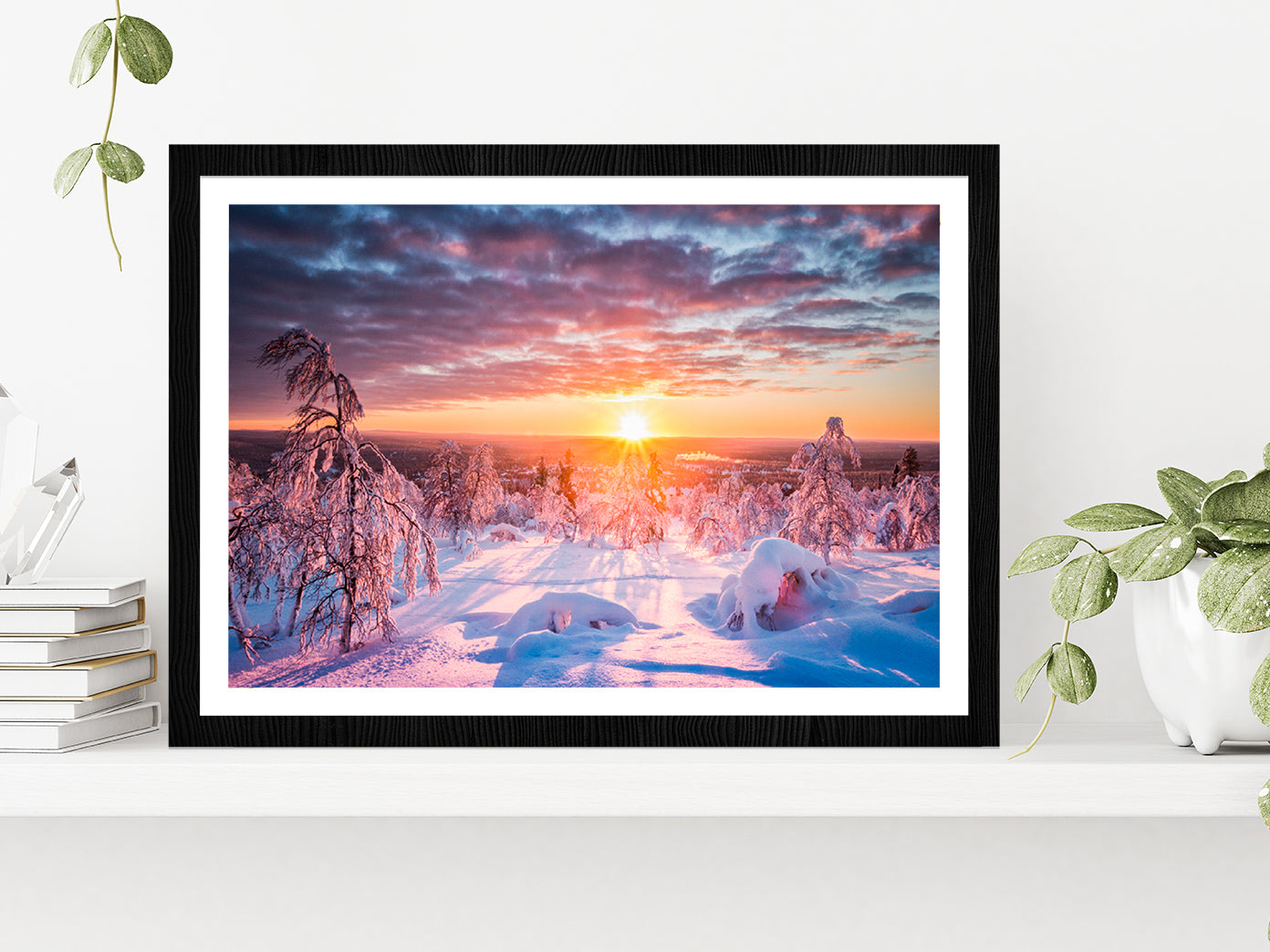 Winter Land Scenery At Sunset Glass Framed Wall Art, Ready to Hang Quality Print With White Border Black