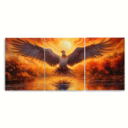 3pcs Phoenix Bird Over A Lake Sunset Metal Print Ready to Hang Art