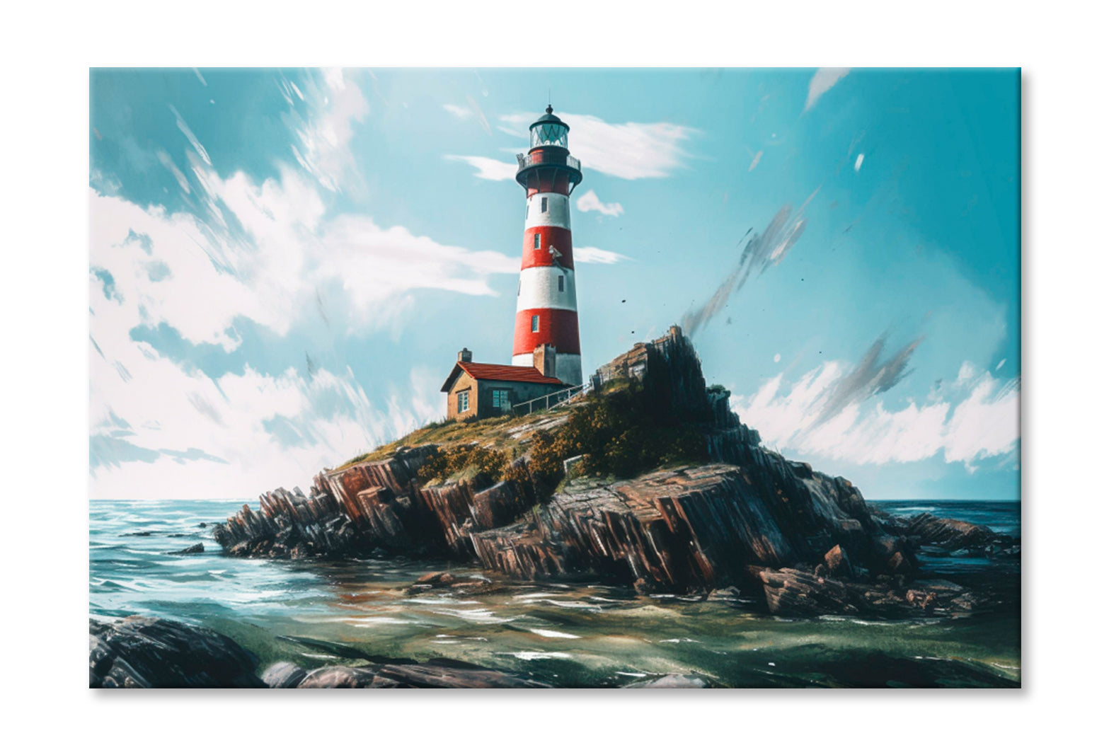 Lighthouse On The Coast Oil Painting Wall Art Limited Edition High Quality Print Stretched Canvas None