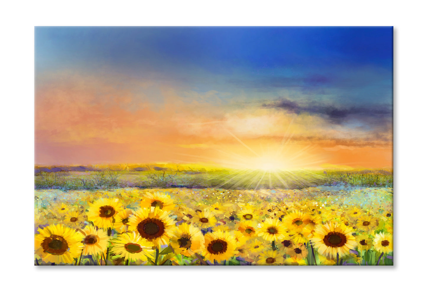 Rural Sunset Landscape With Golden Sunflower Oil Painting Wall Art Limited Edition High Quality Print Stretched Canvas None