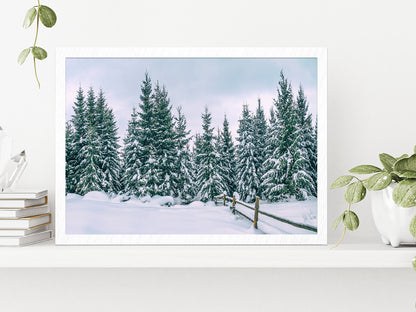 Snowy Pine Forest In The Mountain Glass Framed Wall Art, Ready to Hang Quality Print Without White Border White