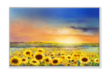 Rural Sunset Landscape With Golden Sunflower Oil Painting Wall Art Limited Edition High Quality Print Canvas Box Framed White